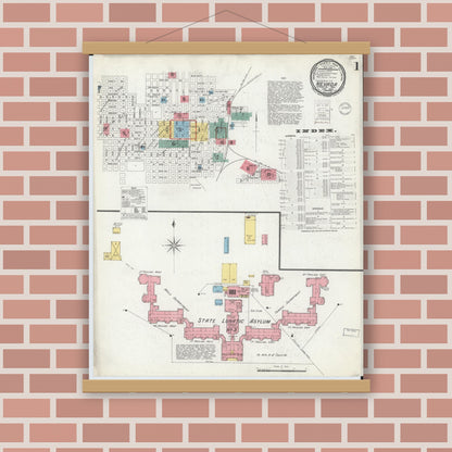 Old map wall art mockup — magnetic wood frame on brick wall — Sanborn Fire Insurance Map from Nevada, Vernon County, Missouri (1900), Sheet #0001