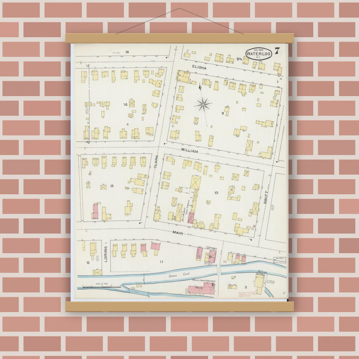 Old map wall art mockup — magnetic wood frame on brick wall — Sanborn Fire Insurance Map from Waterloo, Seneca County, New York (1893), Sheet #0007