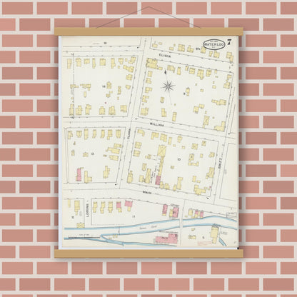 Old map wall art mockup — magnetic wood frame on brick wall — Sanborn Fire Insurance Map from Waterloo, Seneca County, New York (1893), Sheet #0007