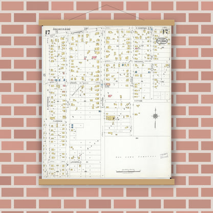 Old map wall art mockup — magnetic wood frame on brick wall — Sanborn Fire Insurance Map from Sturgis, Saint Joseph County, Michigan (1923), Sheet #0017