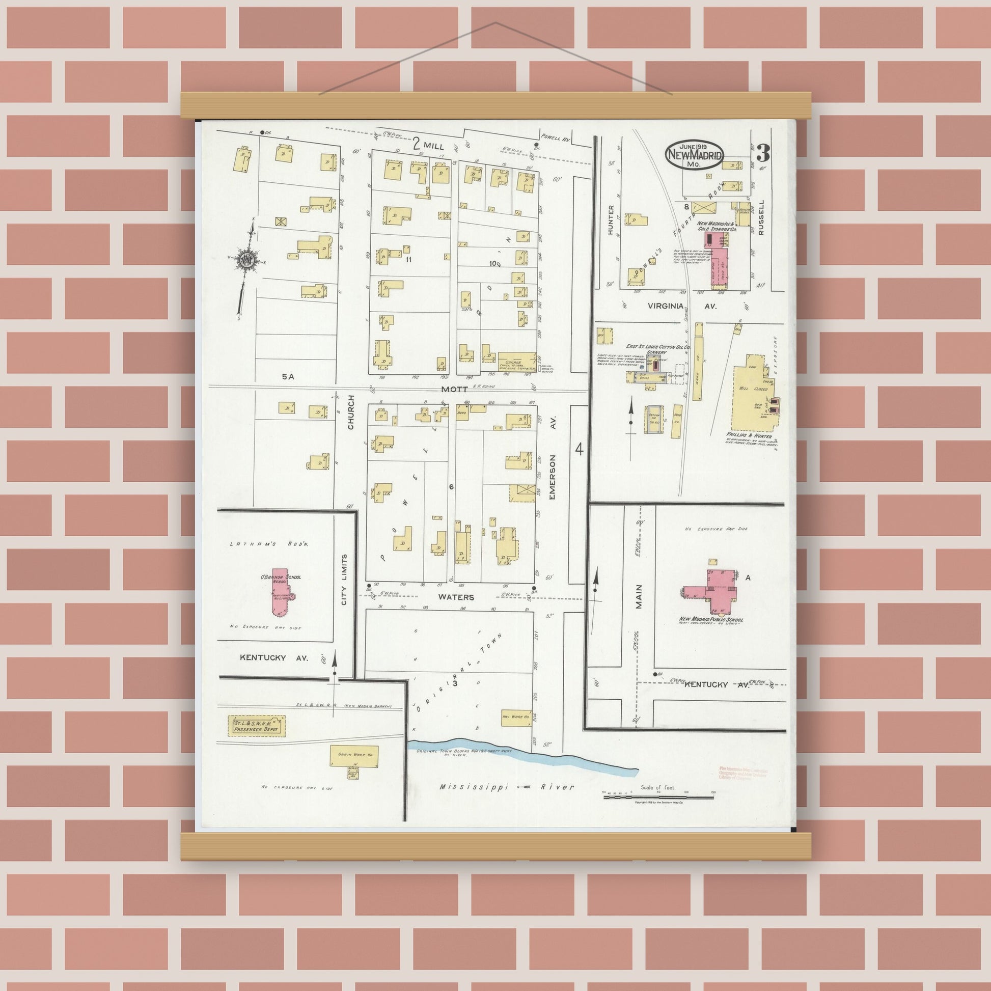 Old map wall art mockup — magnetic wood frame on brick wall — Sanborn Fire Insurance Map from New Madrid, New Madrid County, Missouri (1919), Sheet #0003