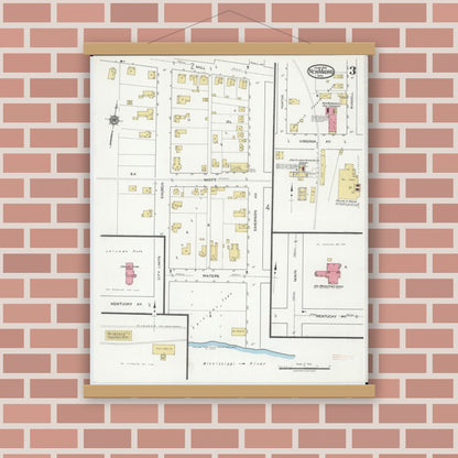 Old map wall art mockup — magnetic wood frame on brick wall — Sanborn Fire Insurance Map from New Madrid, New Madrid County, Missouri (1919), Sheet #0003
