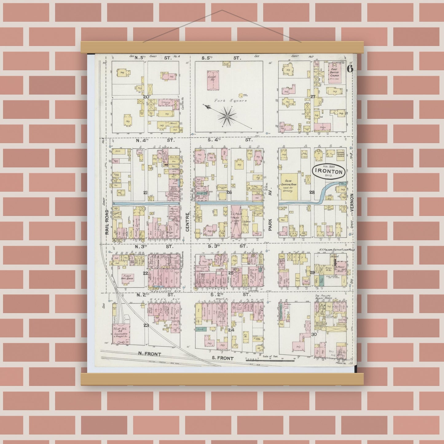 Old map wall art mockup — magnetic wood frame on brick wall — Sanborn Fire Insurance Map from Ironton, Lawrence County, Ohio (1889), Sheet #0006