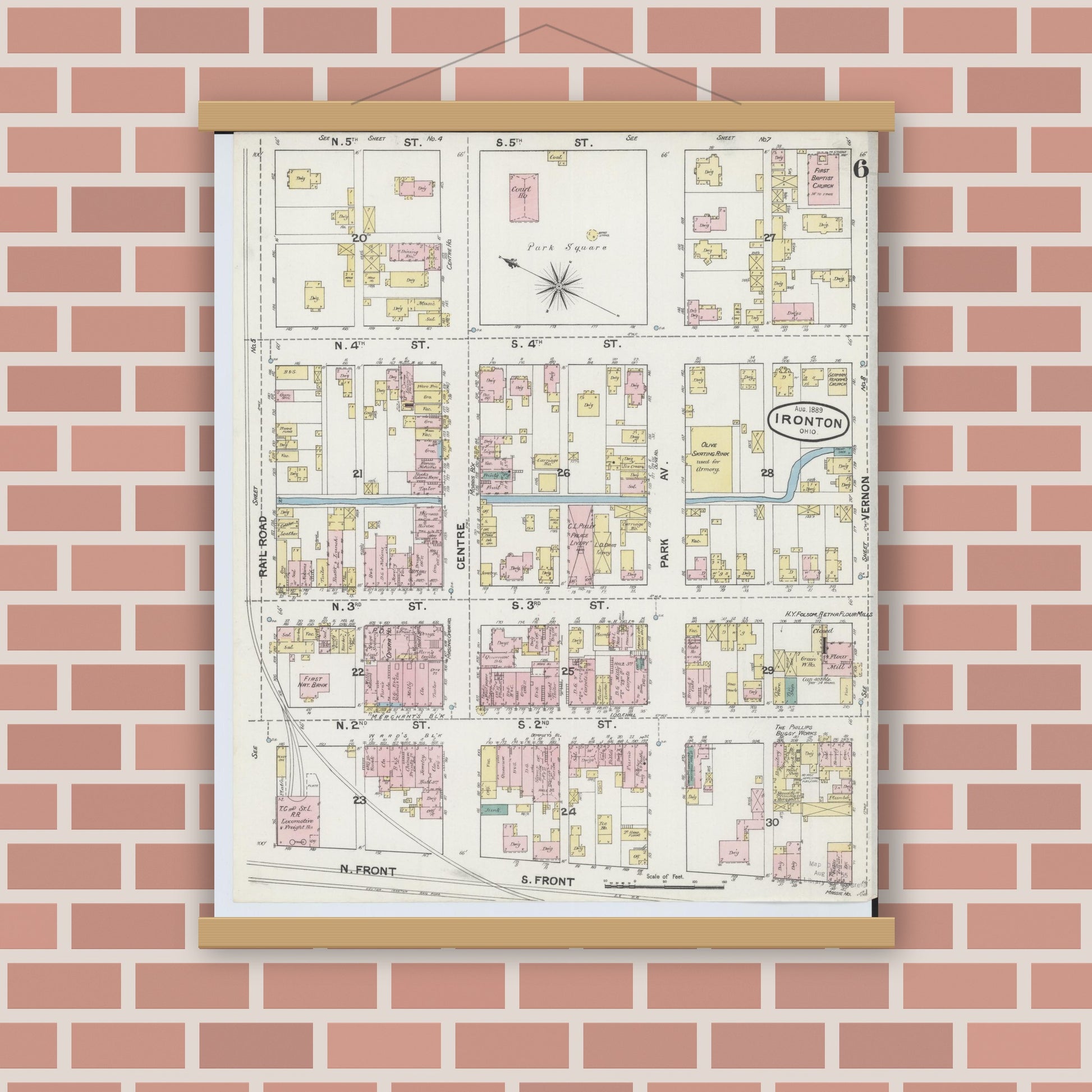 Old map wall art mockup — magnetic wood frame on brick wall — Sanborn Fire Insurance Map from Ironton, Lawrence County, Ohio (1889), Sheet #0006