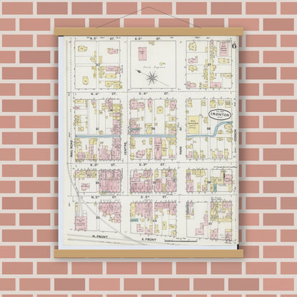 Old map wall art mockup — magnetic wood frame on brick wall — Sanborn Fire Insurance Map from Ironton, Lawrence County, Ohio (1889), Sheet #0006
