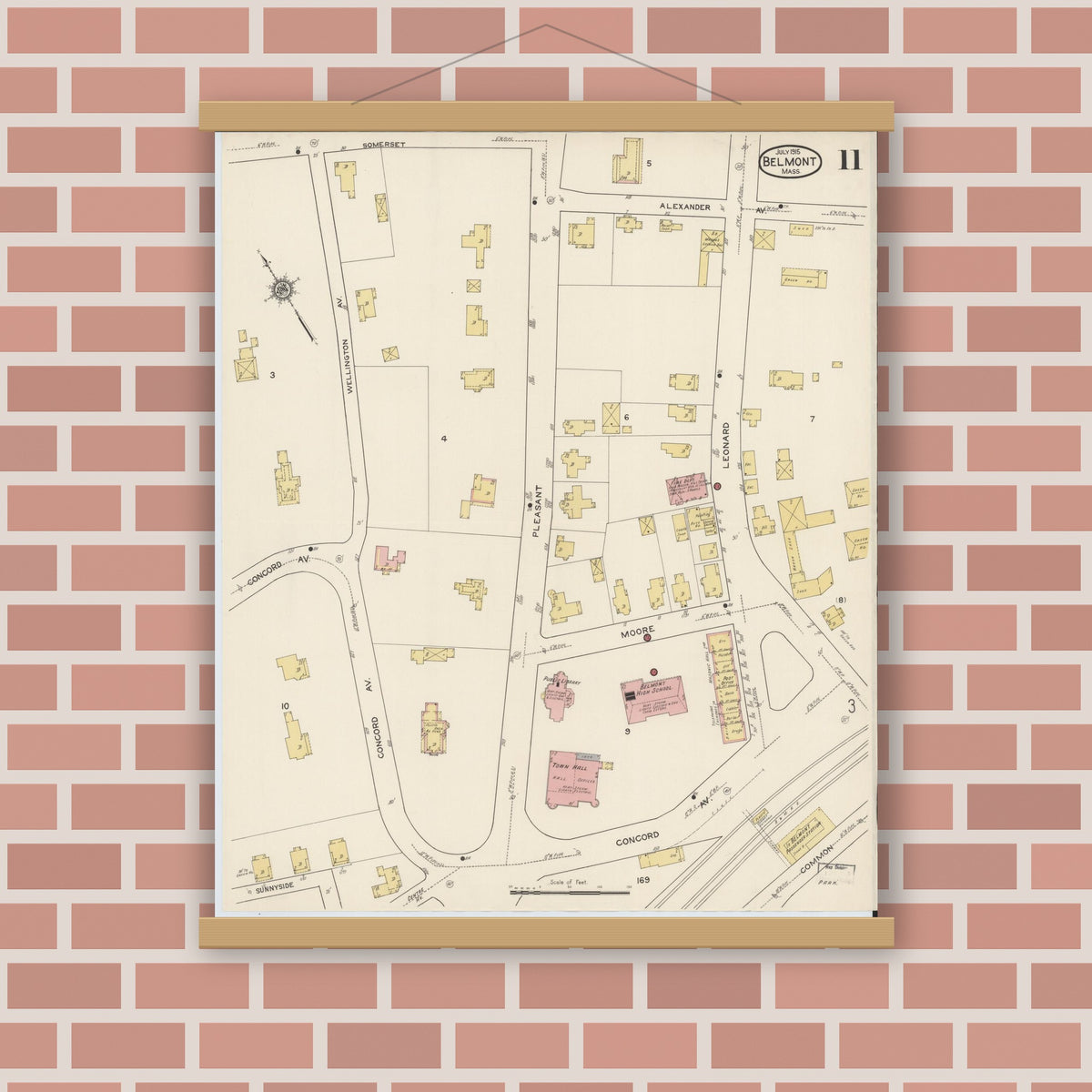 Old map wall art mockup — magnetic wood frame on brick wall — Sanborn Fire Insurance Map from Belmont, Middlesex County, Massachusetts (1915), Sheet #0011
