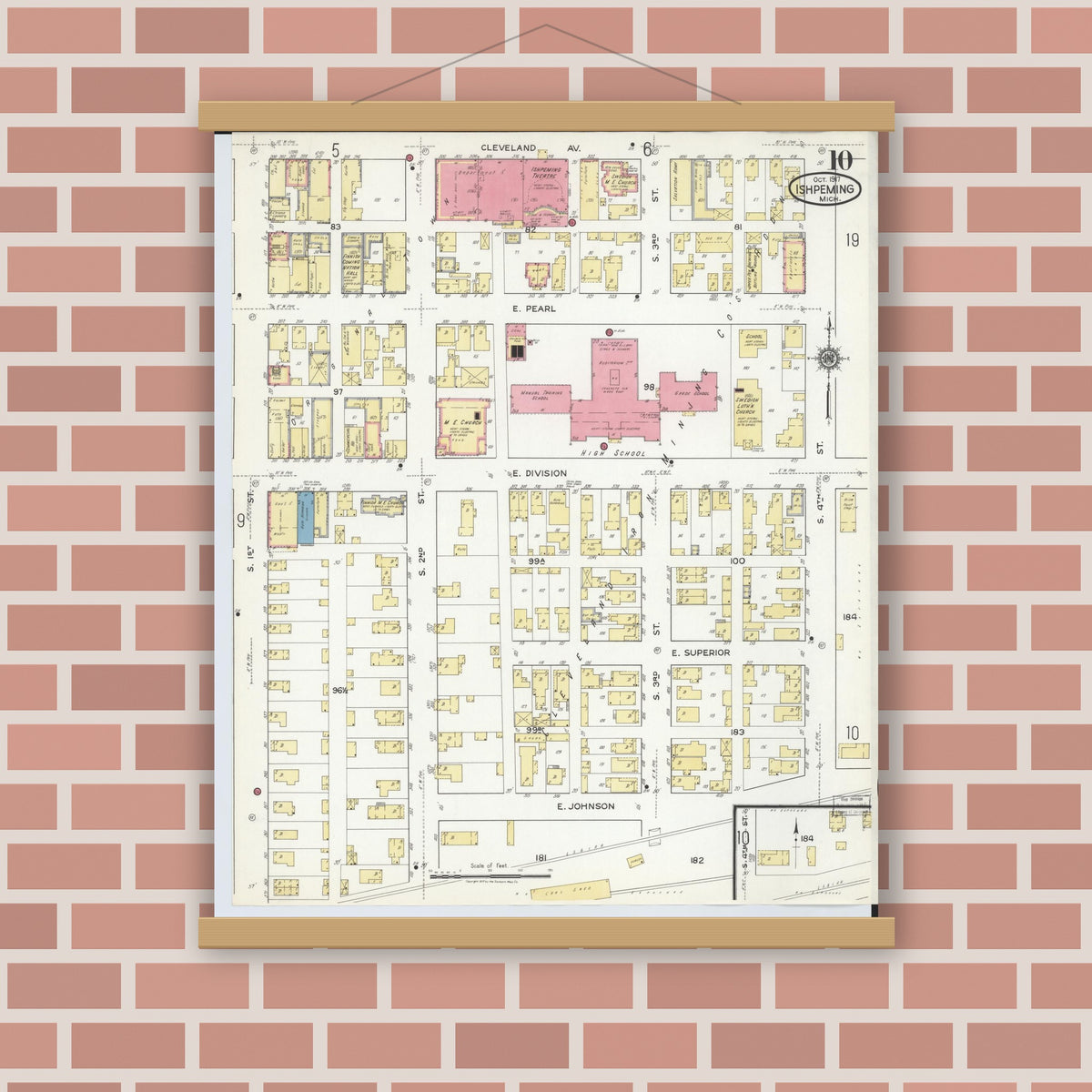 Old map wall art mockup — magnetic wood frame on brick wall — Sanborn Fire Insurance Map from Ishpeming, Marquette County, Michigan (1917), Sheet #0010