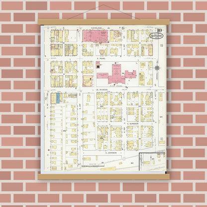 Old map wall art mockup — magnetic wood frame on brick wall — Sanborn Fire Insurance Map from Ishpeming, Marquette County, Michigan (1917), Sheet #0010