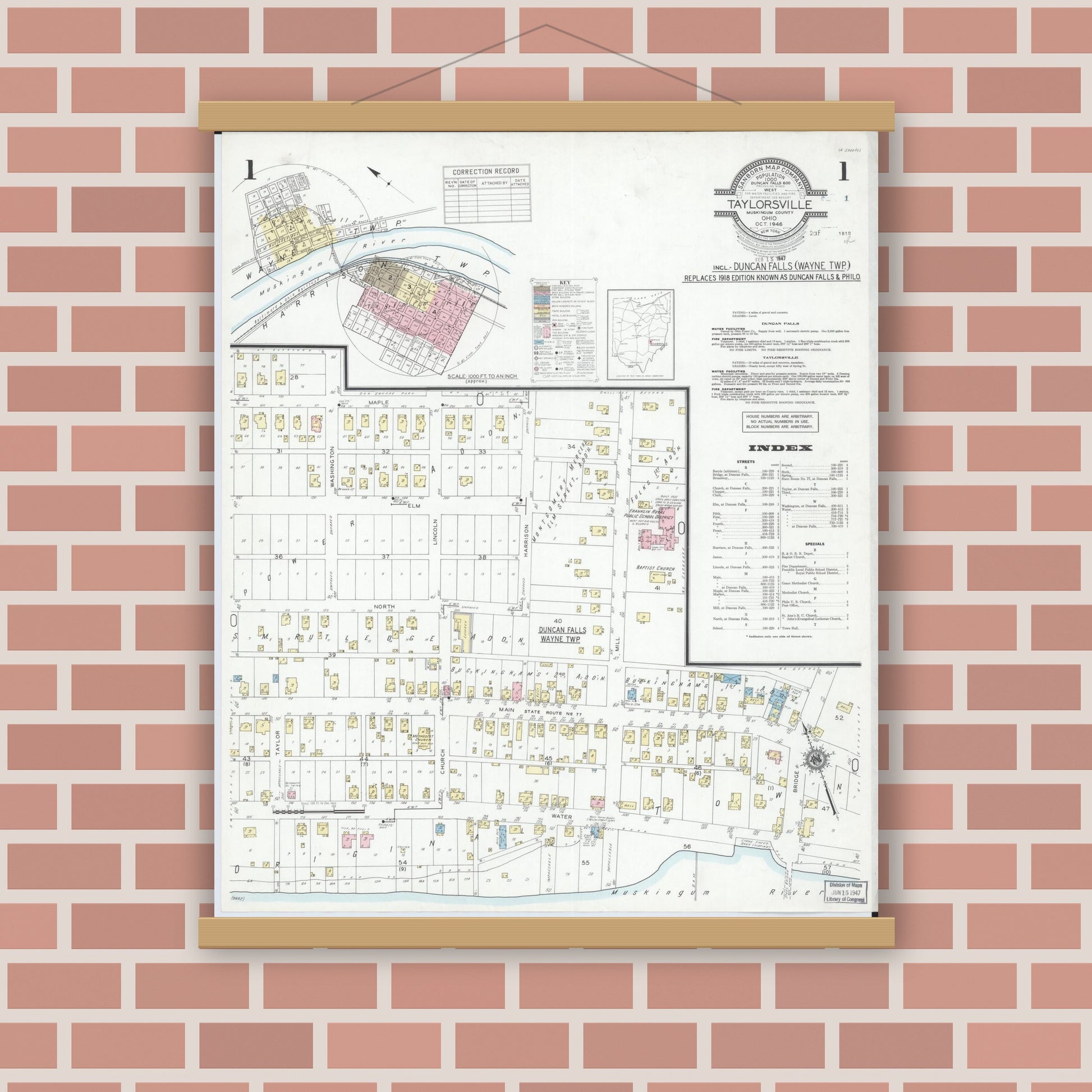 Old map wall art mockup — magnetic wood frame on brick wall — Sanborn Fire Insurance Map from Taylorsville, Muskingum County, Ohio (1946) - Complete Map Set