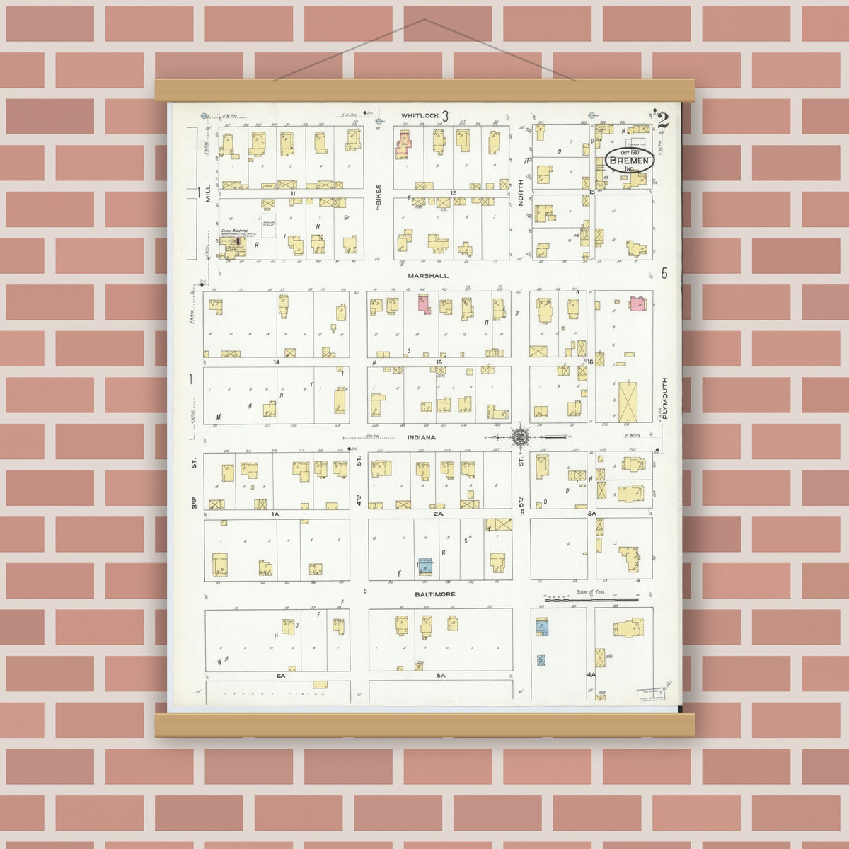 Old map wall art mockup — magnetic wood frame on brick wall — Sanborn Fire Insurance Map from Bremen, Marshall County, Indiana (1910), Sheet #0002