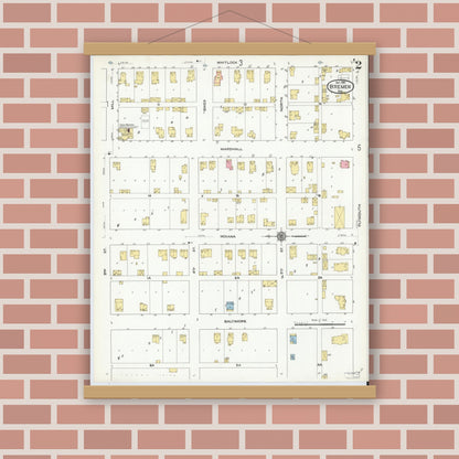 Old map wall art mockup — magnetic wood frame on brick wall — Sanborn Fire Insurance Map from Bremen, Marshall County, Indiana (1910), Sheet #0002