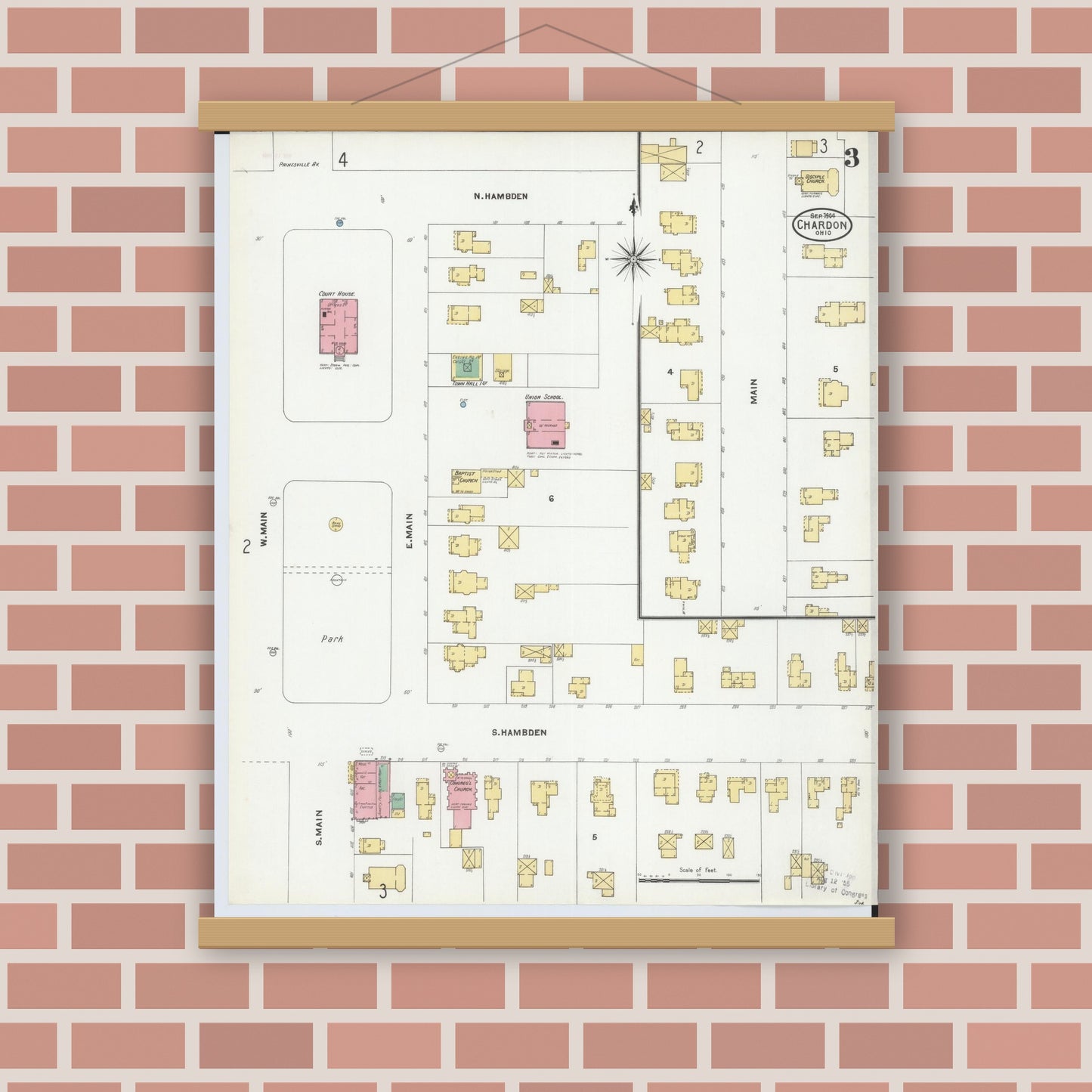 Old map wall art mockup — magnetic wood frame on brick wall — Sanborn Fire Insurance Map from Chardon, Geauga County, Ohio (1904), Sheet #0003