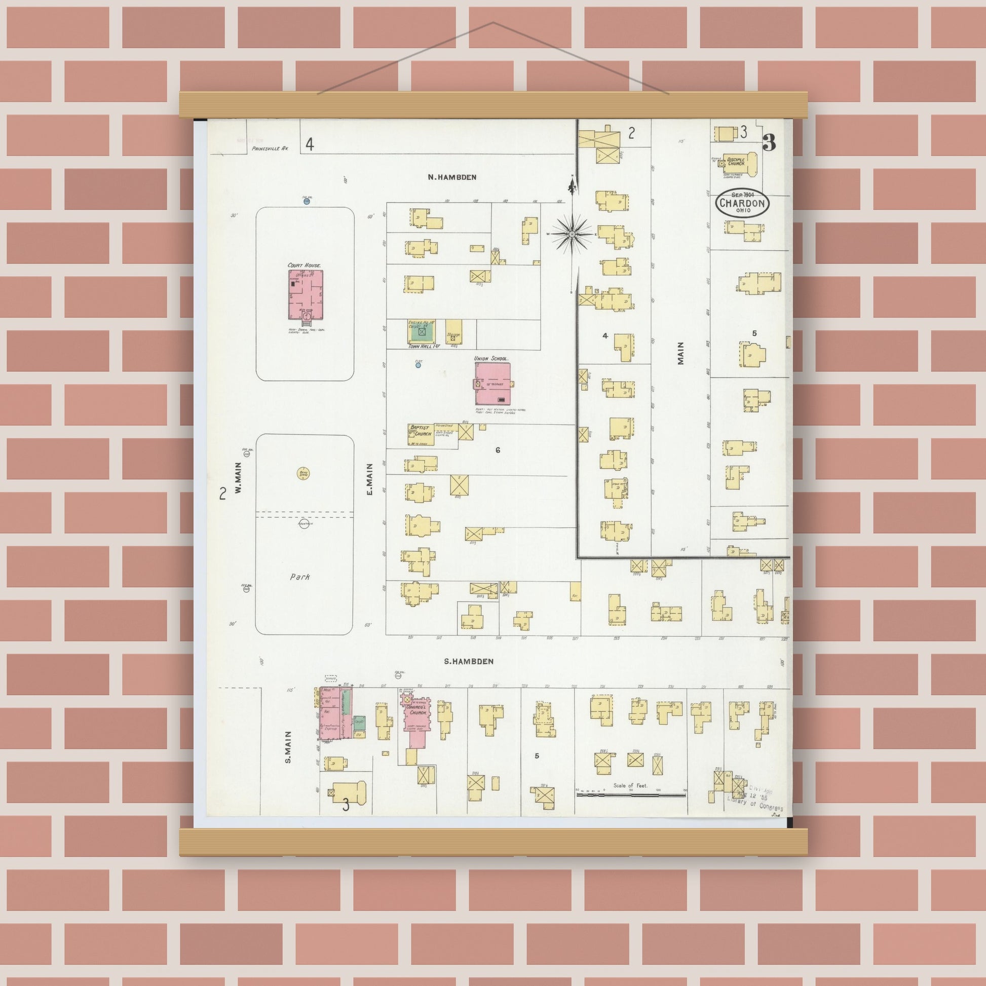Old map wall art mockup — magnetic wood frame on brick wall — Sanborn Fire Insurance Map from Chardon, Geauga County, Ohio (1904), Sheet #0003