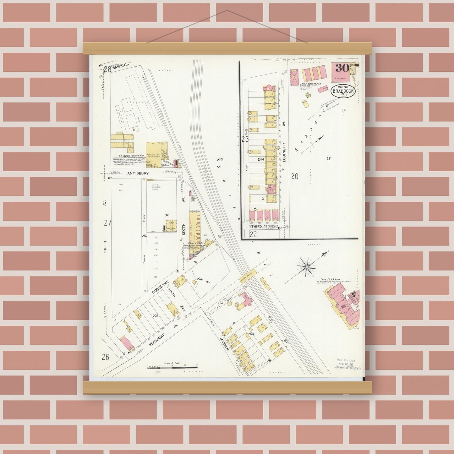 Old map wall art mockup — magnetic wood frame on brick wall — Sanborn Fire Insurance Map from Braddock, Allegheny County, Pennsylvania (1908), Sheet #0030