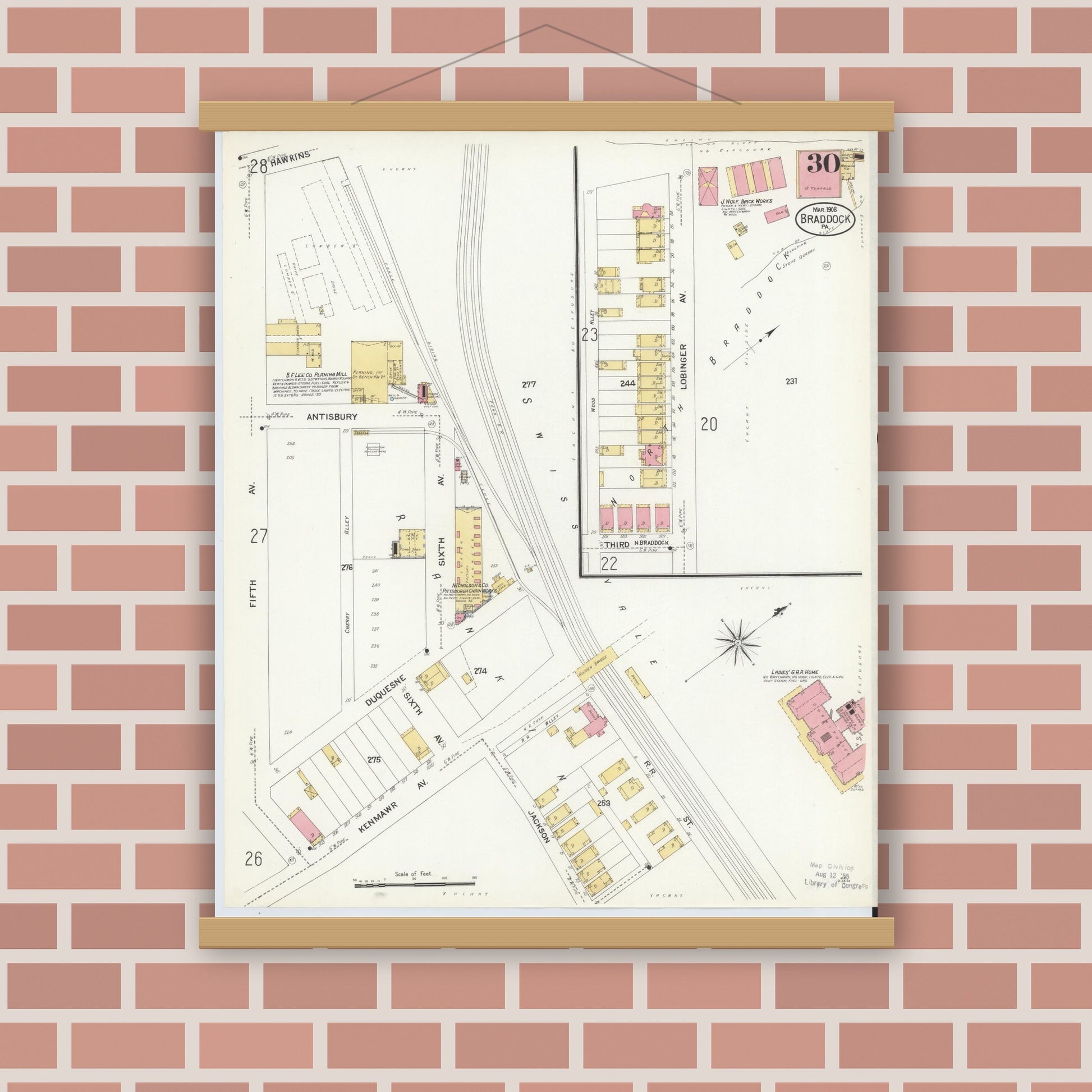 Old map wall art mockup — magnetic wood frame on brick wall — Sanborn Fire Insurance Map from Braddock, Allegheny County, Pennsylvania (1908), Sheet #0030
