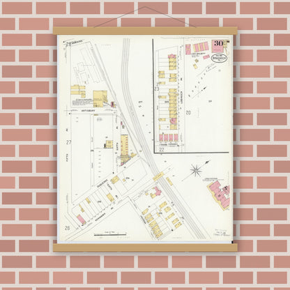 Old map wall art mockup — magnetic wood frame on brick wall — Sanborn Fire Insurance Map from Braddock, Allegheny County, Pennsylvania (1908), Sheet #0030