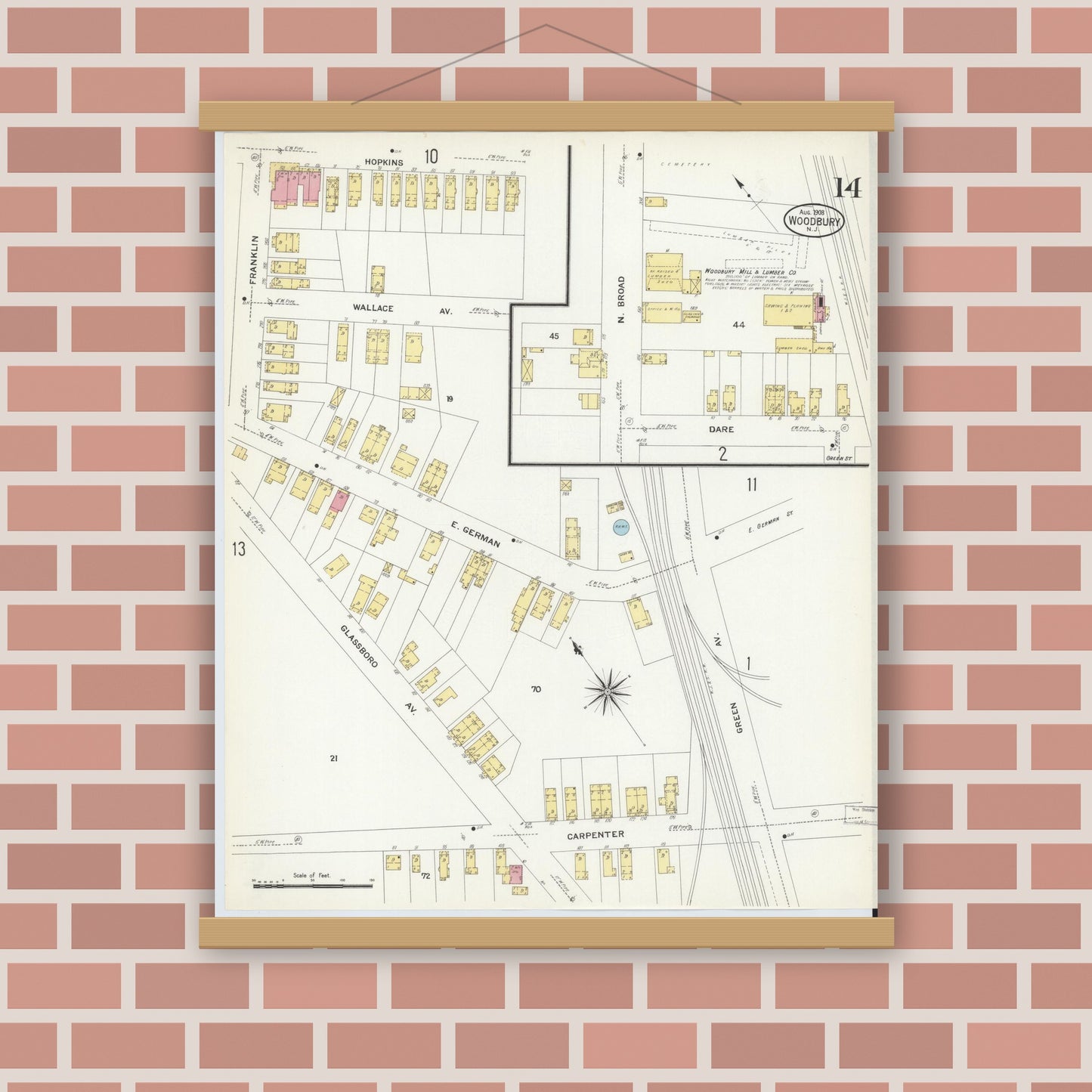 Old map wall art mockup — magnetic wood frame on brick wall — Sanborn Fire Insurance Map from Woodbury, Gloucester County, New Jersey (1908), Sheet #0014