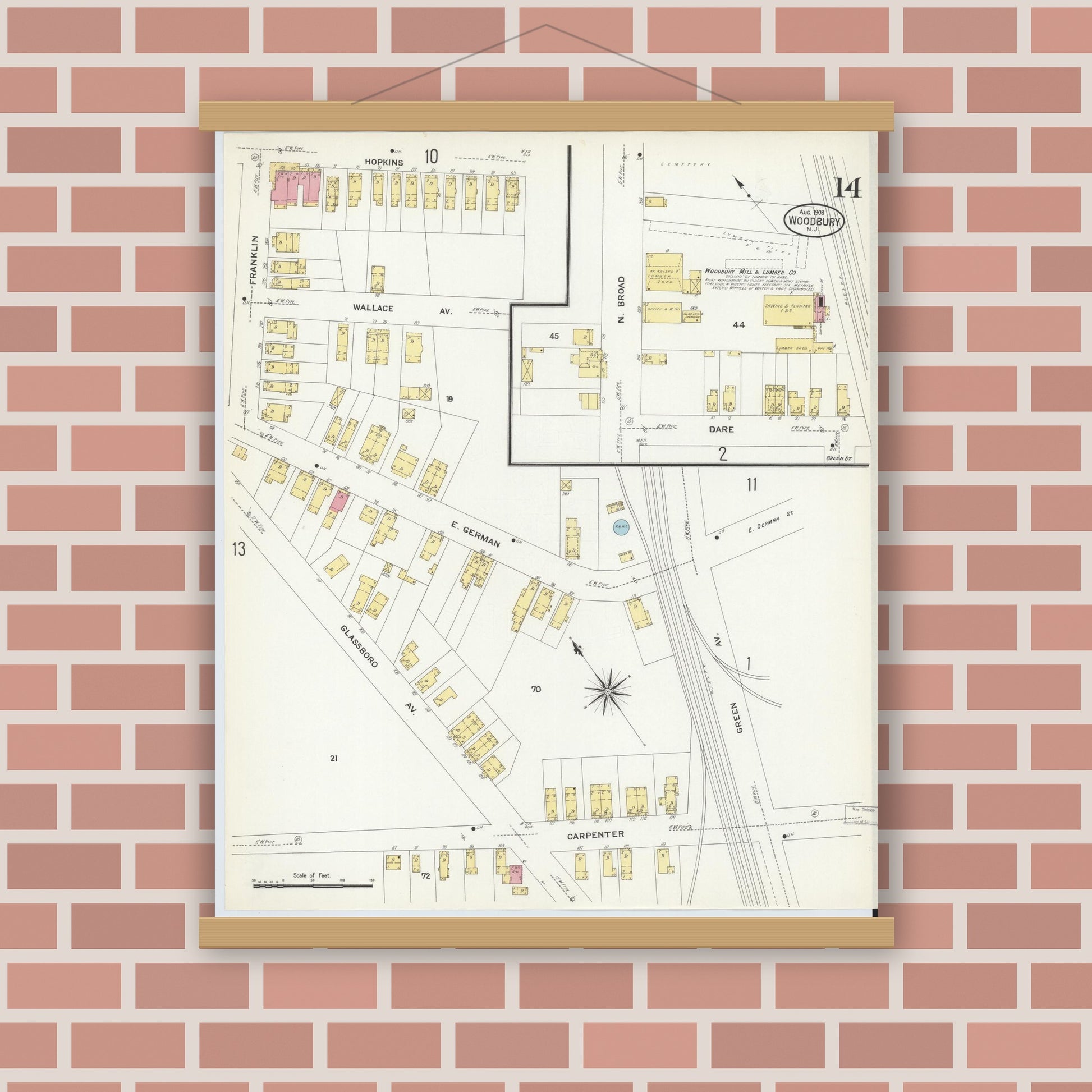 Old map wall art mockup — magnetic wood frame on brick wall — Sanborn Fire Insurance Map from Woodbury, Gloucester County, New Jersey (1908), Sheet #0014