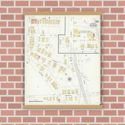 Old map wall art mockup — magnetic wood frame on brick wall — Sanborn Fire Insurance Map from Woodbury, Gloucester County, New Jersey (1908), Sheet #0014
