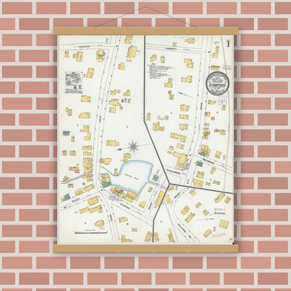 Old map wall art mockup — magnetic wood frame on brick wall — Sanborn Fire Insurance Map from Stamford, Delaware County, New York (1904), Sheet #0001
