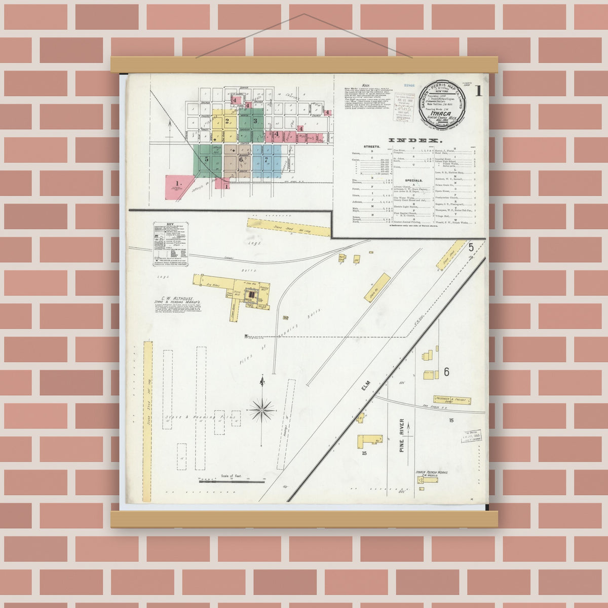 Old map wall art mockup — magnetic wood frame on brick wall — Sanborn Fire Insurance Map from Ithaca, Gratiot County, Michigan (1900), Sheet #0001