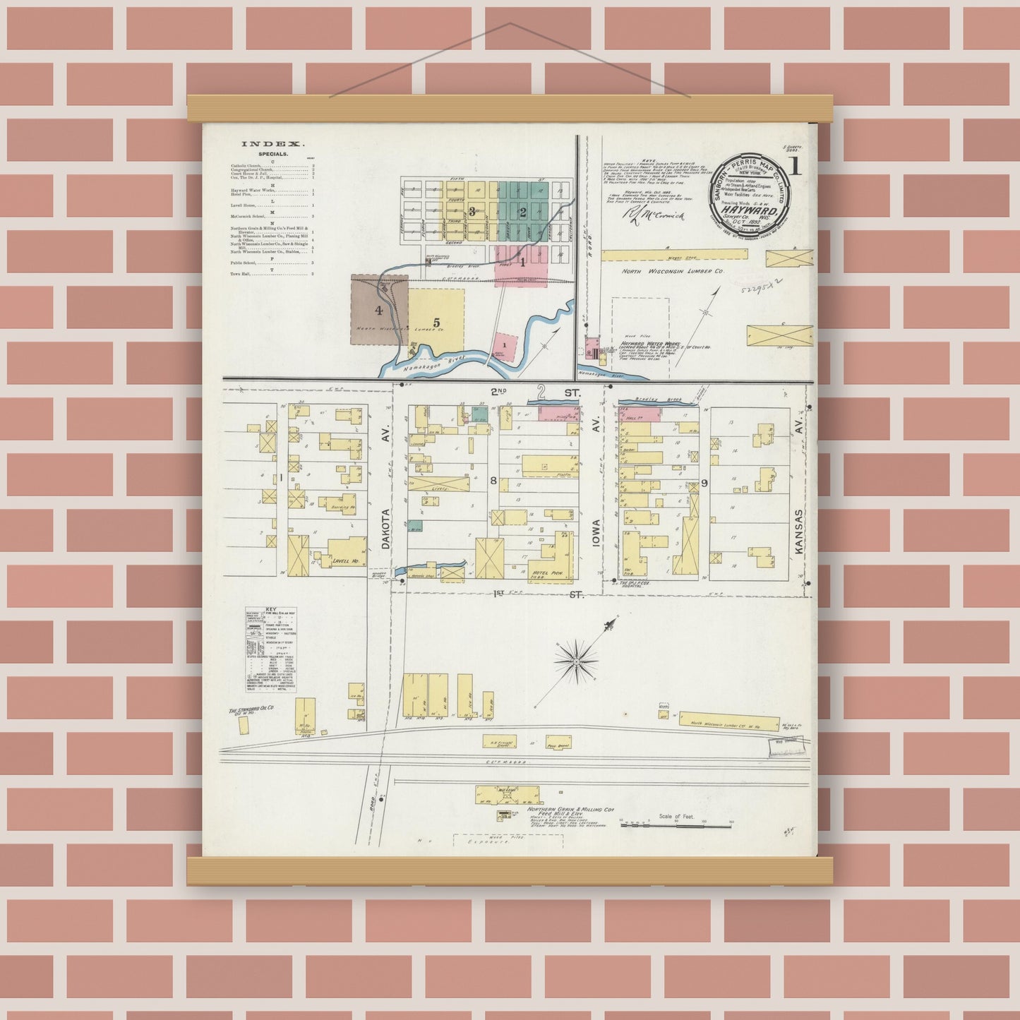 Old map wall art mockup — magnetic wood frame on brick wall — Sanborn Fire Insurance Map from Hayward, Sawyer County, Wisconsin (1892) - Complete Map Set