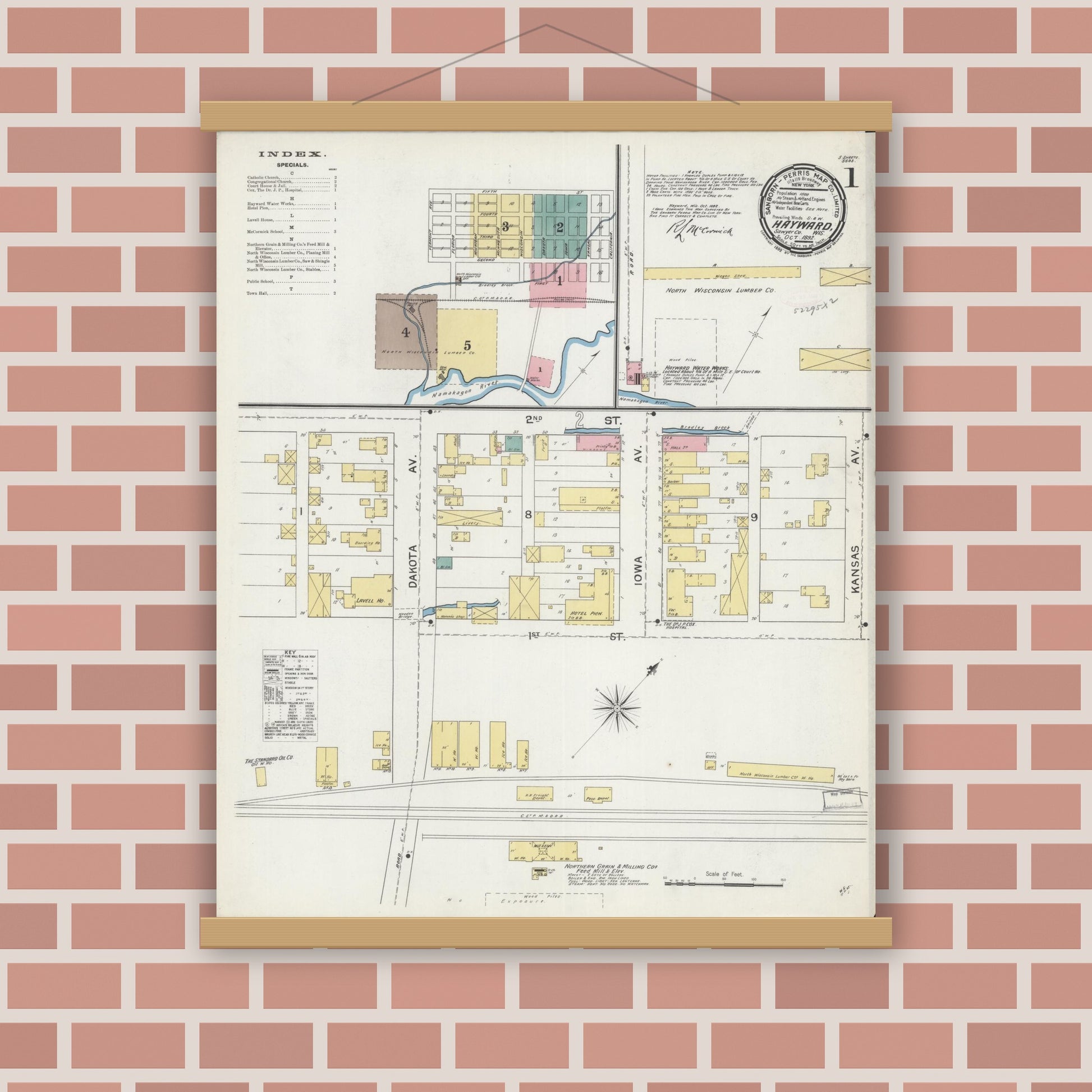 Old map wall art mockup — magnetic wood frame on brick wall — Sanborn Fire Insurance Map from Hayward, Sawyer County, Wisconsin (1892) - Complete Map Set