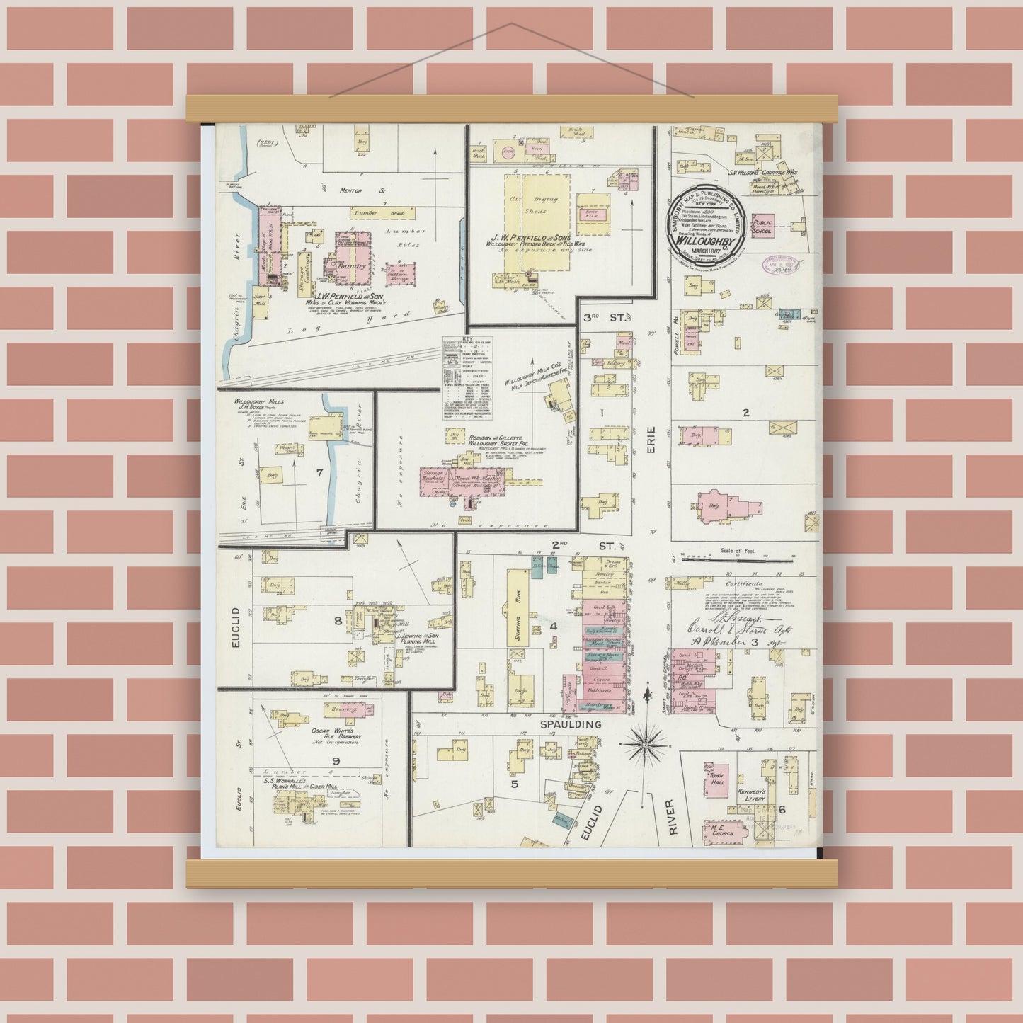Old map wall art mockup — magnetic wood frame on brick wall — Sanborn Fire Insurance Map from Willoughby, Lake County, Ohio (1887), Sheet #0001