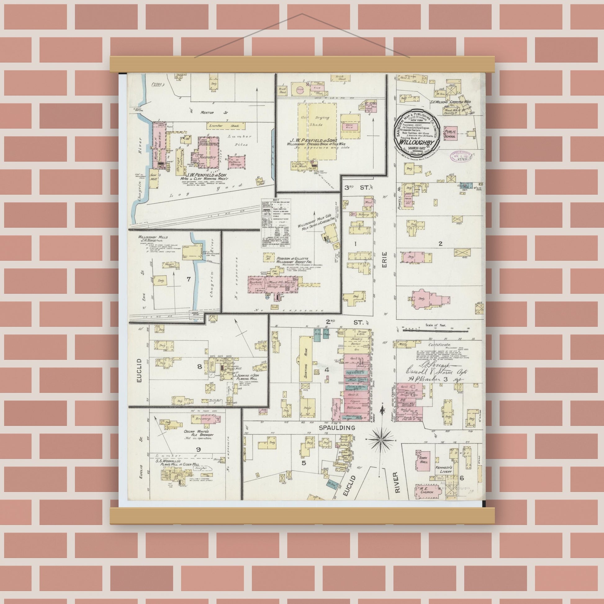 Old map wall art mockup — magnetic wood frame on brick wall — Sanborn Fire Insurance Map from Willoughby, Lake County, Ohio (1887), Sheet #0001