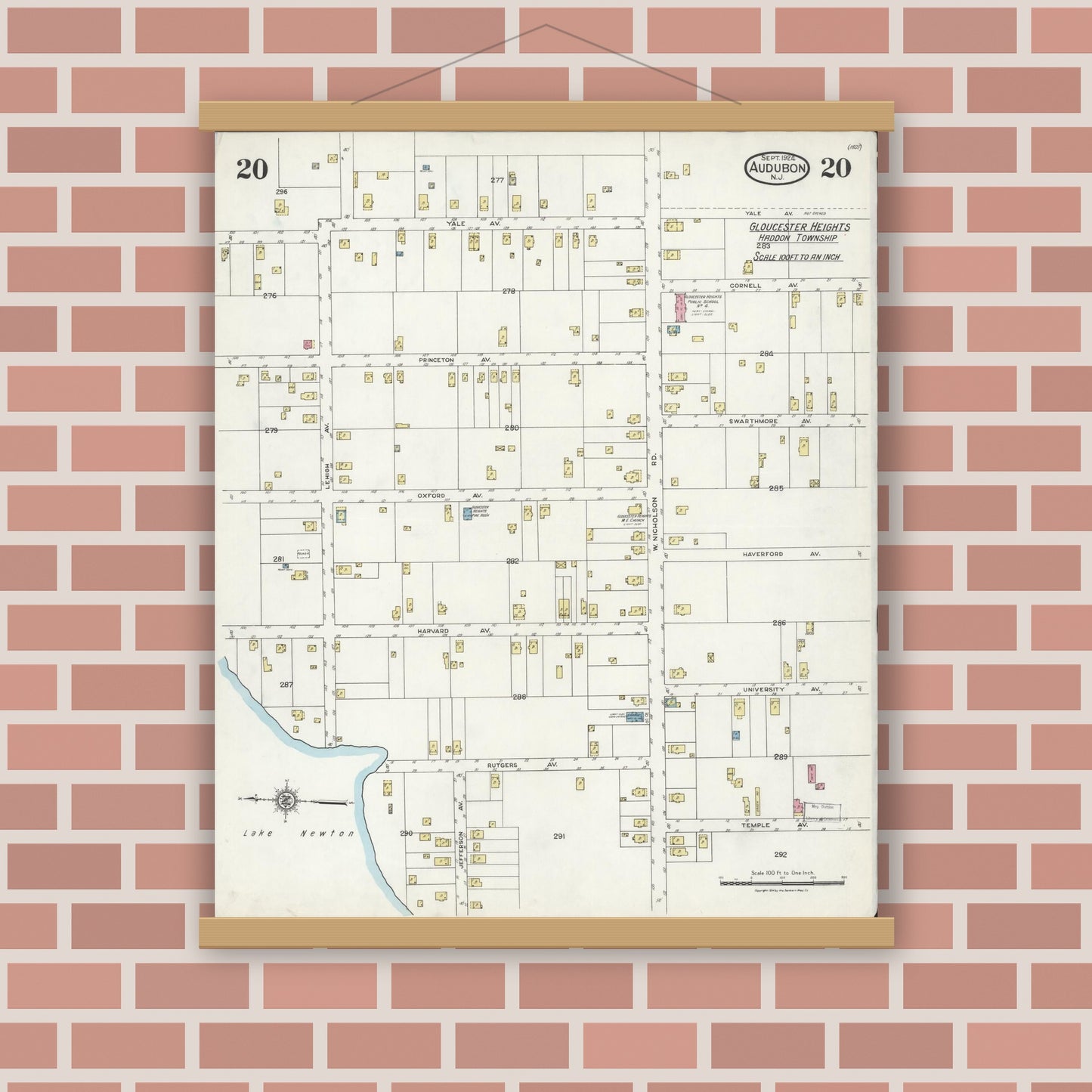 Old map wall art mockup — magnetic wood frame on brick wall — Sanborn Fire Insurance Map from Audubon, Camden County, New Jersey (1924), Sheet #0020