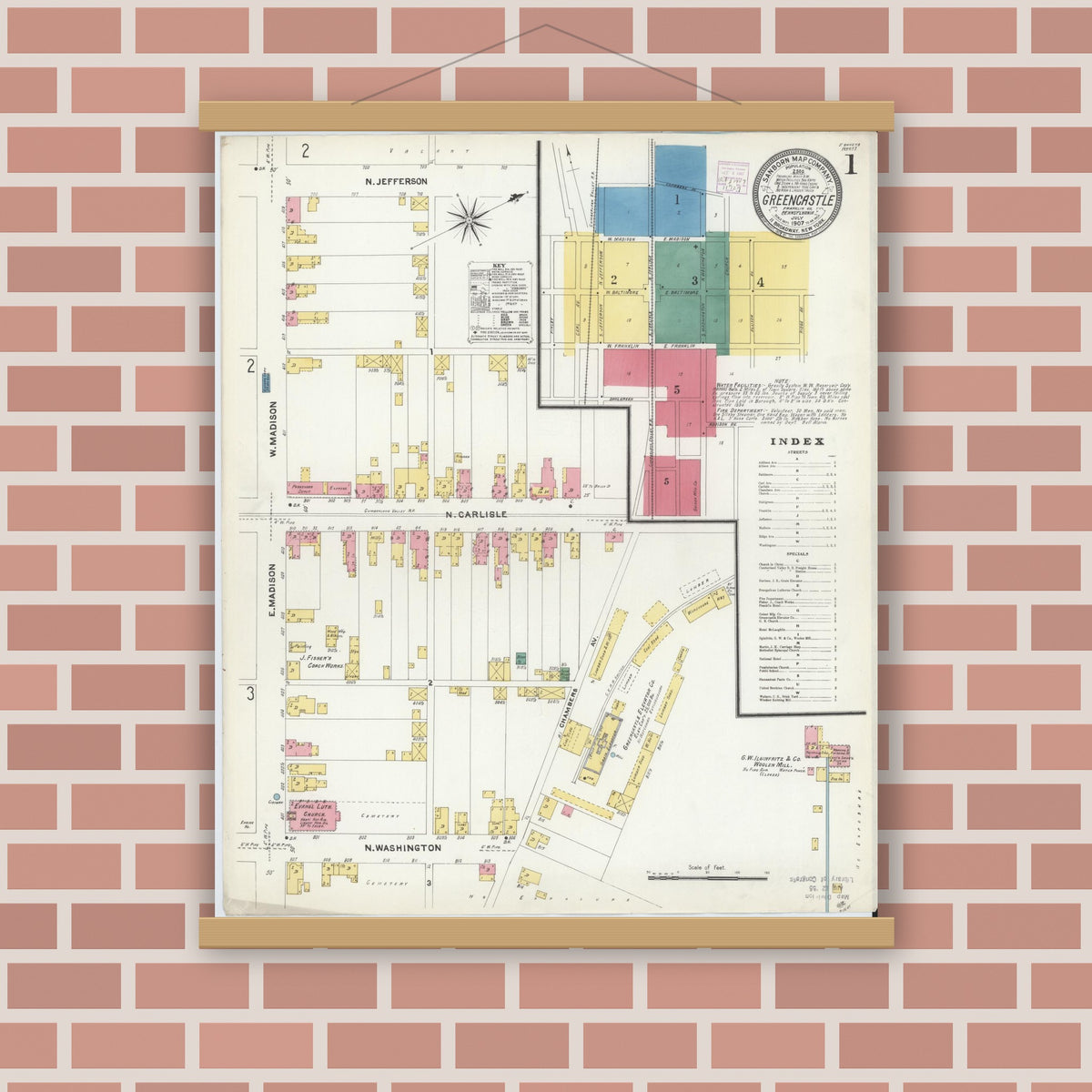 Old map wall art mockup — magnetic wood frame on brick wall — Sanborn Fire Insurance Map from Greencastle, Franklin County, Pennsylvania (1907), Sheet #0001