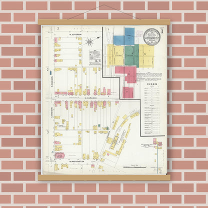 Old map wall art mockup — magnetic wood frame on brick wall — Sanborn Fire Insurance Map from Greencastle, Franklin County, Pennsylvania (1907), Sheet #0001