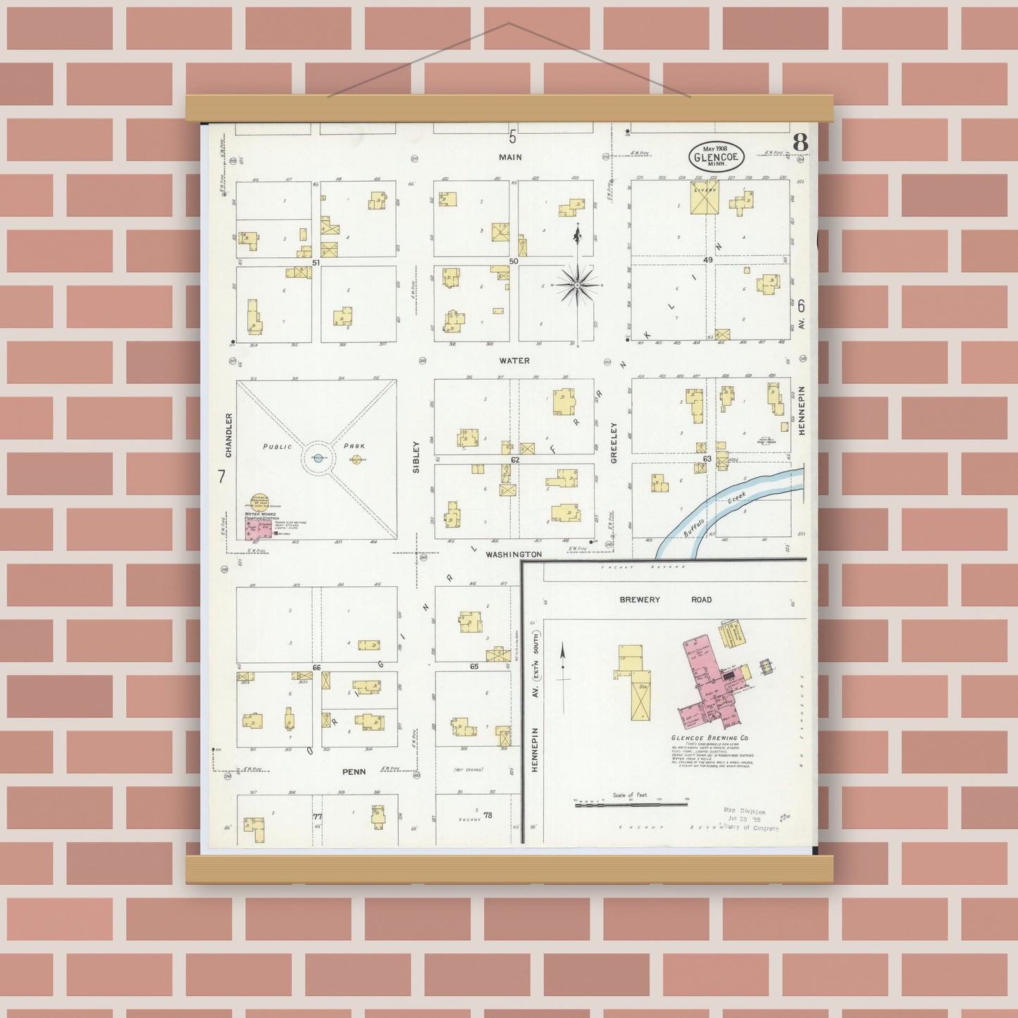 Old map wall art mockup — magnetic wood frame on brick wall — Sanborn Fire Insurance Map from Glencoe, Mcleod County, Minnesota (1908), Sheet #0008