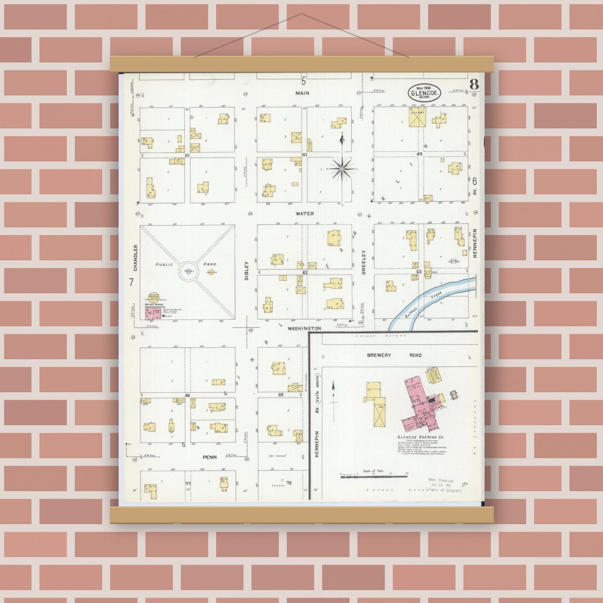 Old map wall art mockup — magnetic wood frame on brick wall — Sanborn Fire Insurance Map from Glencoe, Mcleod County, Minnesota (1908), Sheet #0008