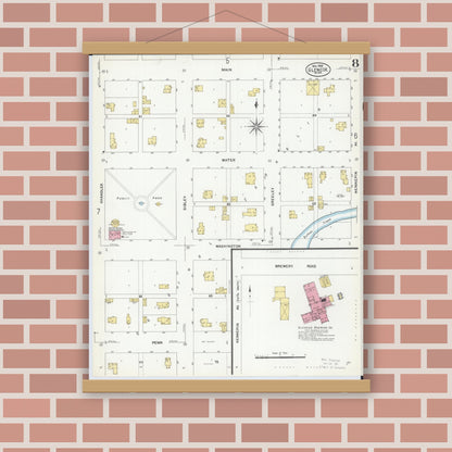 Old map wall art mockup — magnetic wood frame on brick wall — Sanborn Fire Insurance Map from Glencoe, Mcleod County, Minnesota (1908), Sheet #0008