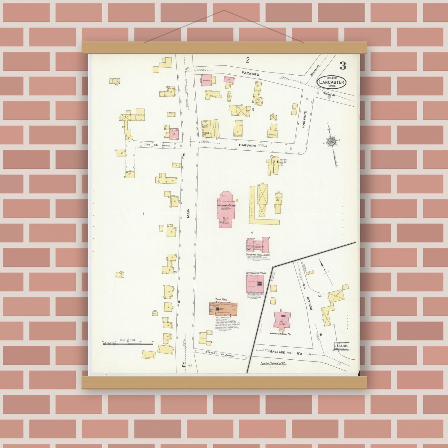 Old map wall art mockup — magnetic wood frame on brick wall — Sanborn Fire Insurance Map from Lancaster, Worcester County, Massachusetts (1910), Sheet #0003