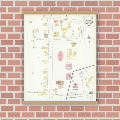 Old map wall art mockup — magnetic wood frame on brick wall — Sanborn Fire Insurance Map from Lancaster, Worcester County, Massachusetts (1910), Sheet #0003