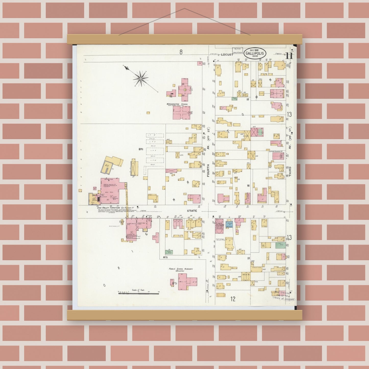 Old map wall art mockup — magnetic wood frame on brick wall — Sanborn Fire Insurance Map from Gallipolis, Gallia County, Ohio (1908), Sheet #0011