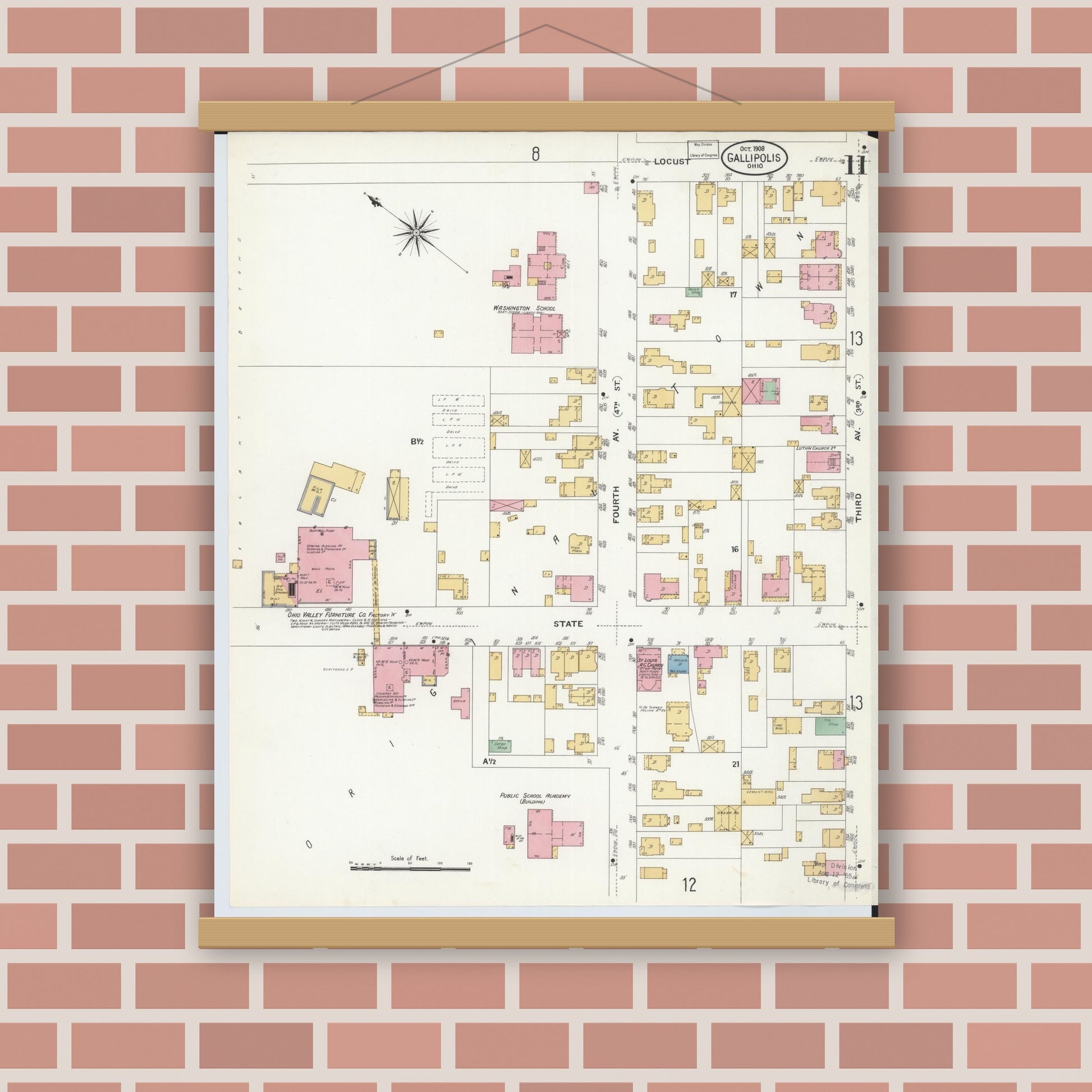 Old map wall art mockup — magnetic wood frame on brick wall — Sanborn Fire Insurance Map from Gallipolis, Gallia County, Ohio (1908), Sheet #0011