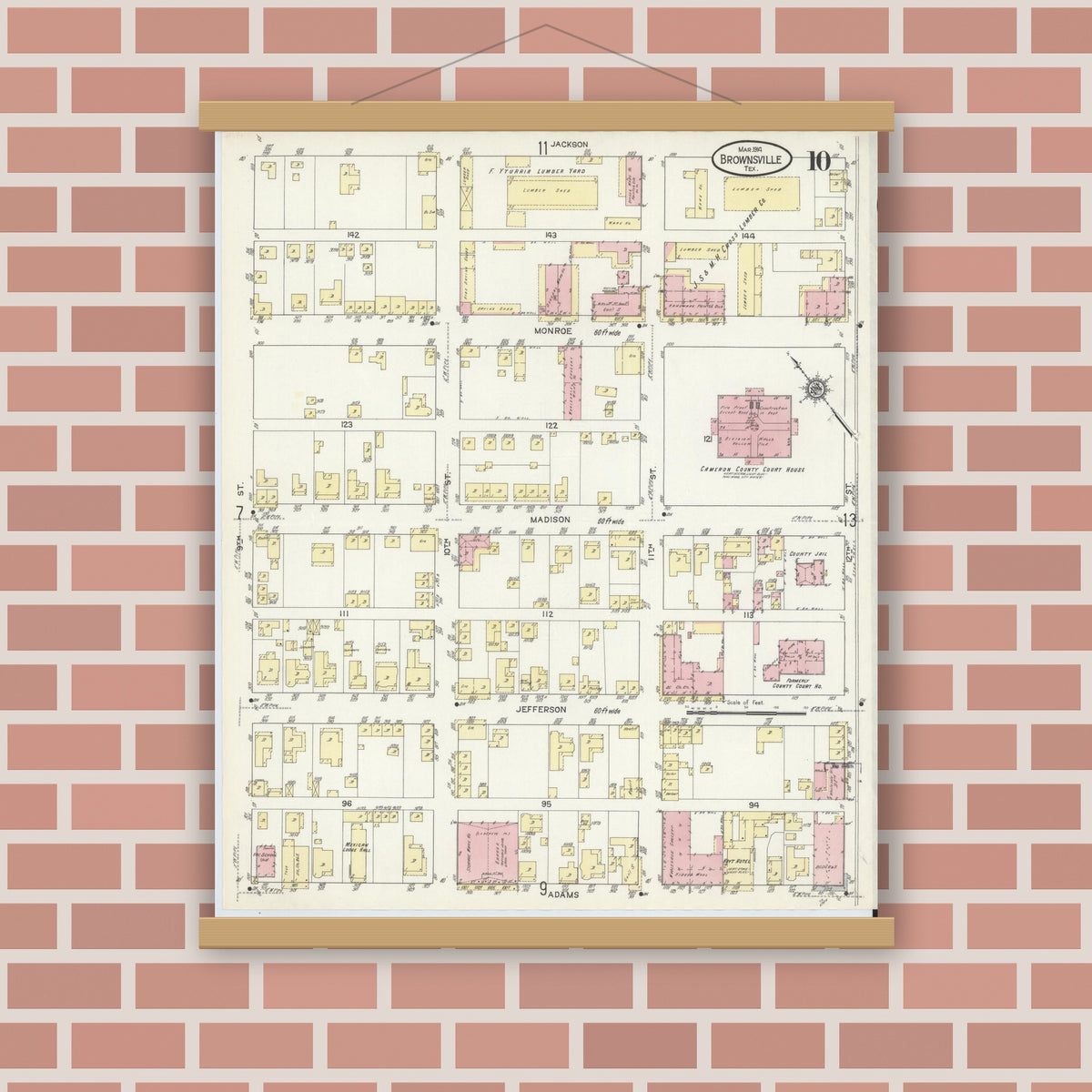 Old map wall art mockup — magnetic wood frame on brick wall — Sanborn Fire Insurance Map from Brownsville, Cameron County, Texas (1914), Sheet #0010