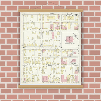 Old map wall art mockup — magnetic wood frame on brick wall — Sanborn Fire Insurance Map from Brownsville, Cameron County, Texas (1914), Sheet #0010