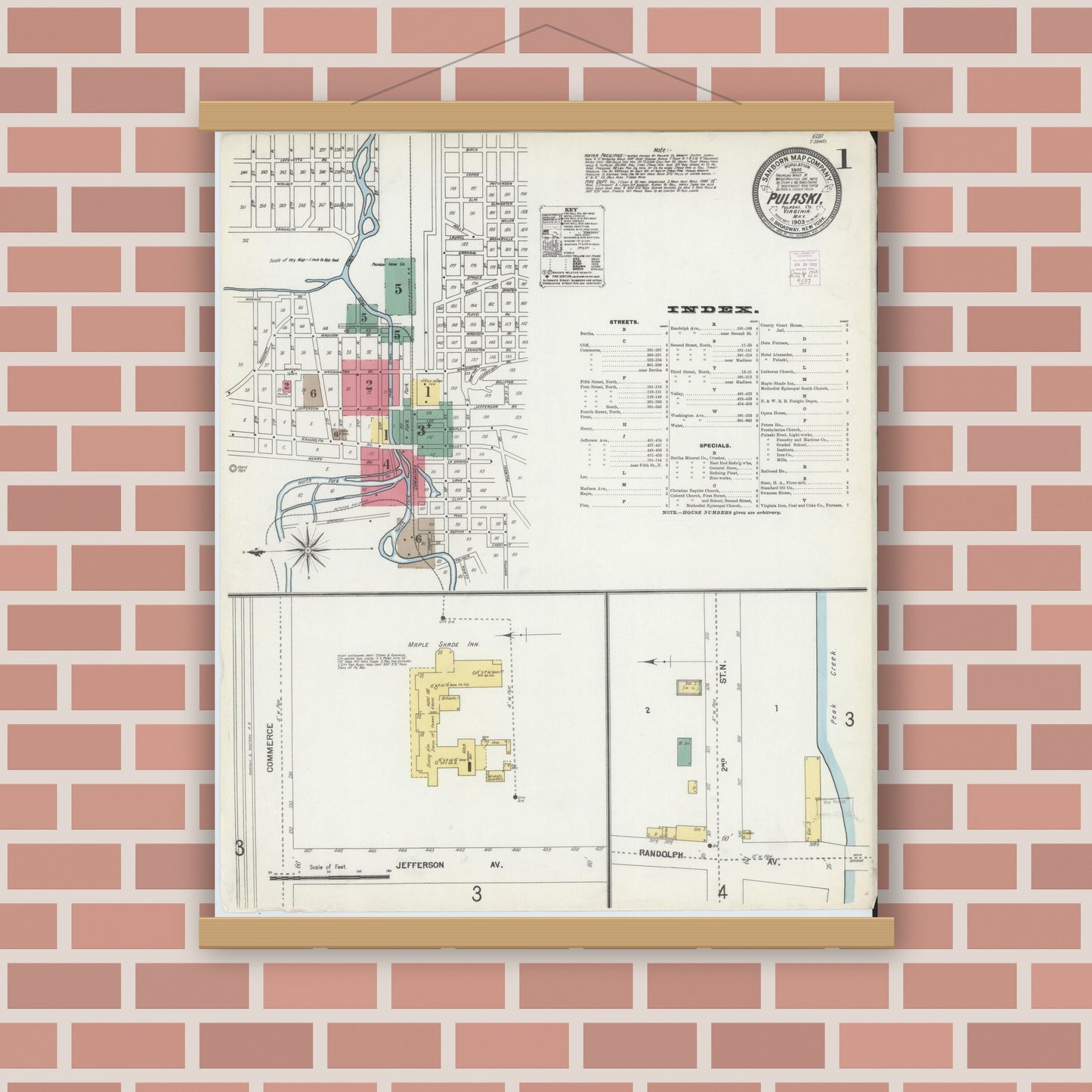 Old map wall art mockup — magnetic wood frame on brick wall — Sanborn Fire Insurance Map from Pulaski, Pulaski County, Virginia (1903) - Complete Map Set