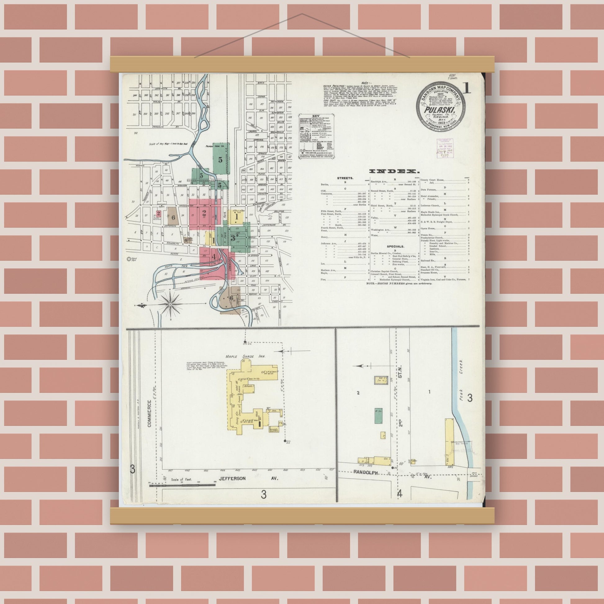 Old map wall art mockup — magnetic wood frame on brick wall — Sanborn Fire Insurance Map from Pulaski, Pulaski County, Virginia (1903) - Complete Map Set