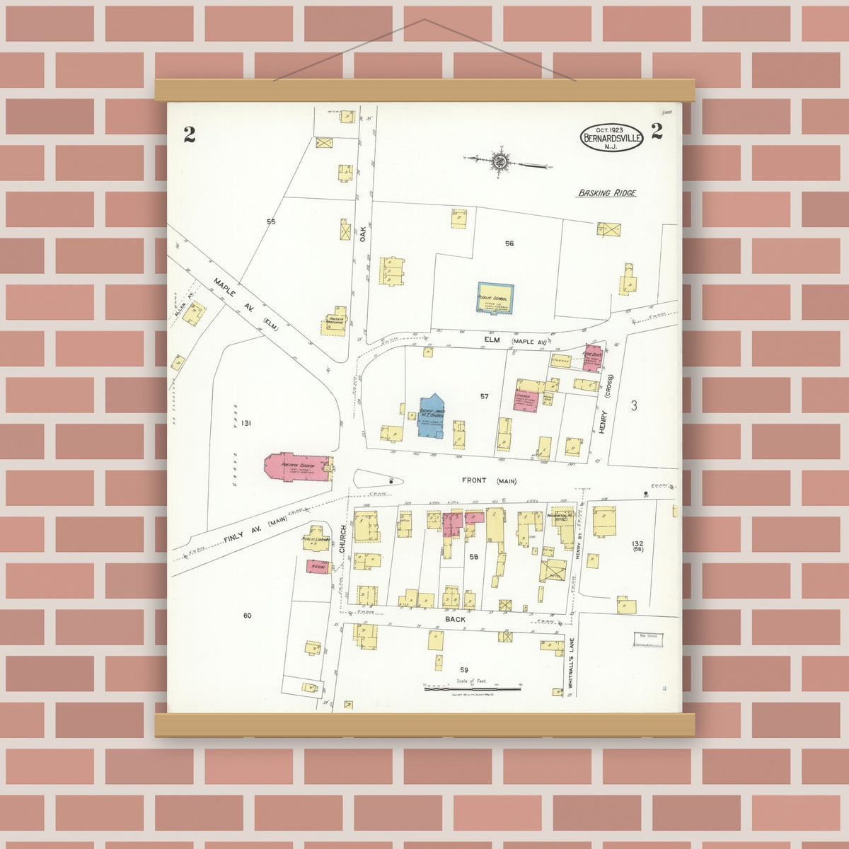 Old map wall art mockup — magnetic wood frame on brick wall — Sanborn Fire Insurance Map from Bernardsville, Somerset County, New Jersey (1923), Sheet #0002