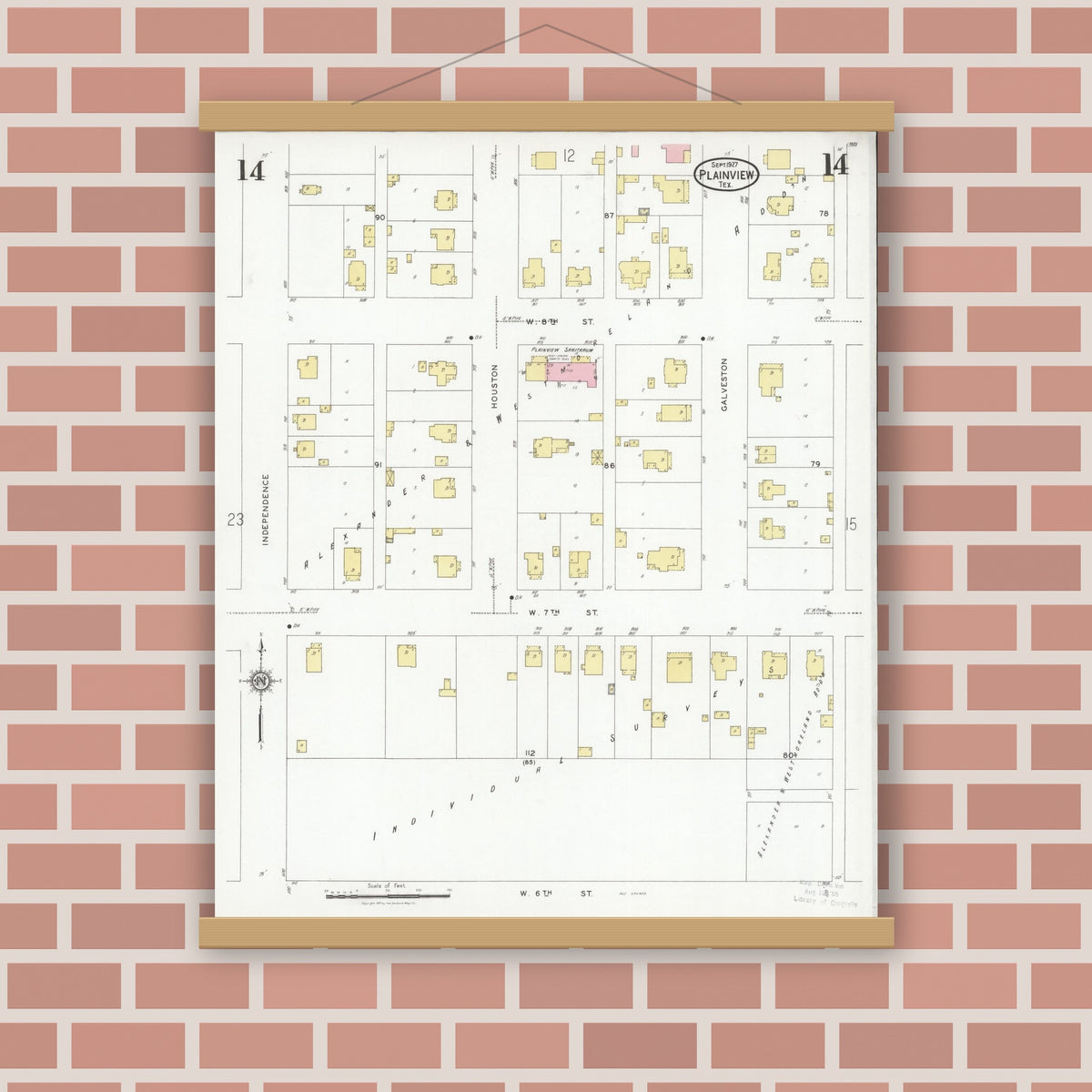 Old map wall art mockup — magnetic wood frame on brick wall — Sanborn Fire Insurance Map from Plainview, Hale County, Texas (1927), Sheet #0014