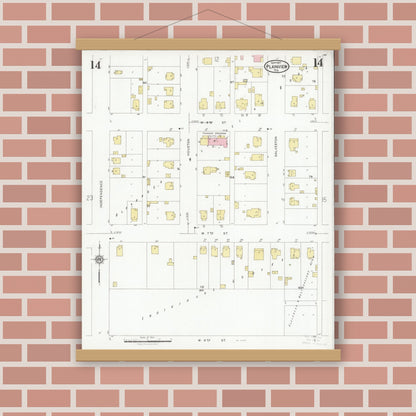 Old map wall art mockup — magnetic wood frame on brick wall — Sanborn Fire Insurance Map from Plainview, Hale County, Texas (1927), Sheet #0014