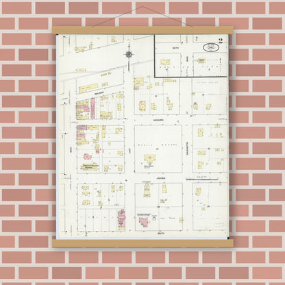 Old map wall art mockup — magnetic wood frame on brick wall — Sanborn Fire Insurance Map from Ohio, Bureau County, Illinois (1913), Sheet #0002