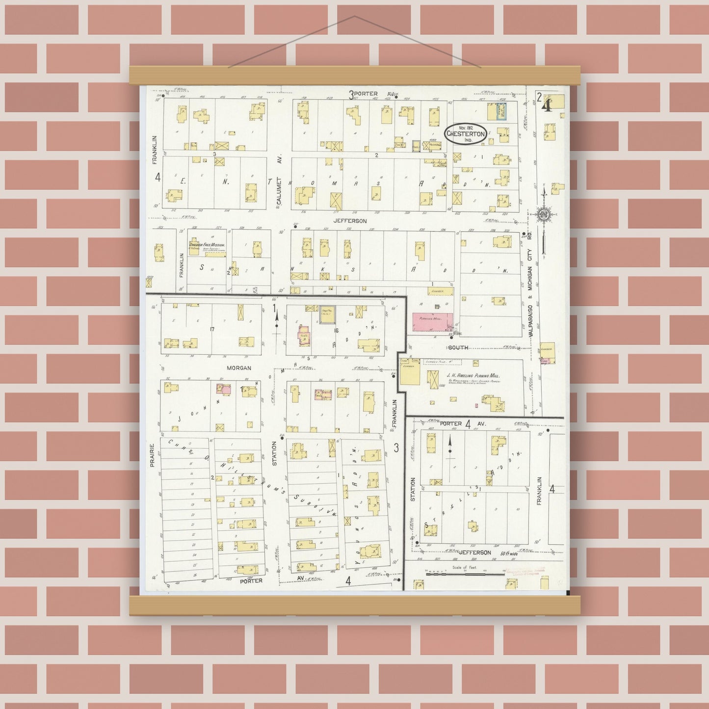 Old map wall art mockup — magnetic wood frame on brick wall — Sanborn Fire Insurance Map from Chesterton, Porter County, Indiana (1912), Sheet #0004