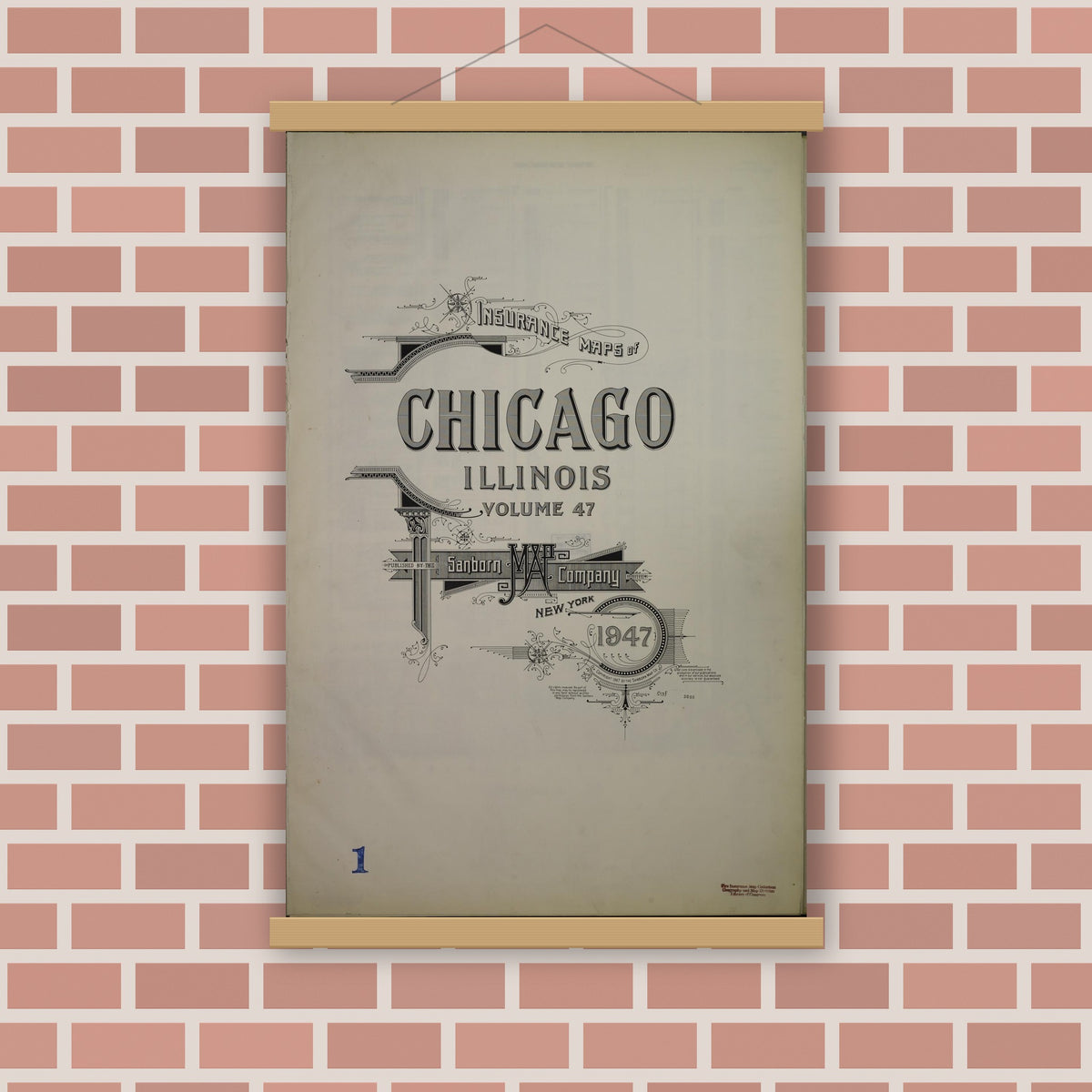 Old map wall art mockup — magnetic wood frame on brick wall — Sanborn Fire Insurance Map from Chicago, Cook County, Illinois (1947), Sheet #0001