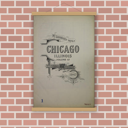 Old map wall art mockup — magnetic wood frame on brick wall — Sanborn Fire Insurance Map from Chicago, Cook County, Illinois (1947), Sheet #0001
